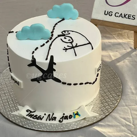 Farewell Themed Cake with An Airplane Design,Blue Clouds