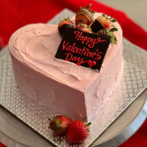 Pink Heart Cake with Chocolate dipped Strawberries 